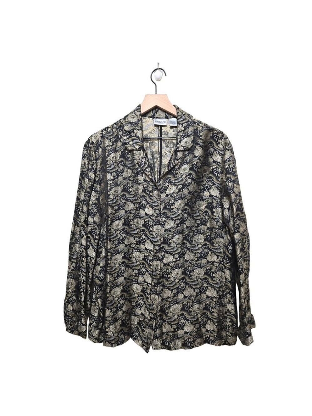 Chicos Black Floral Metallic Embroidered Silk Blend Button Down Blouse Sz 3 (XL)